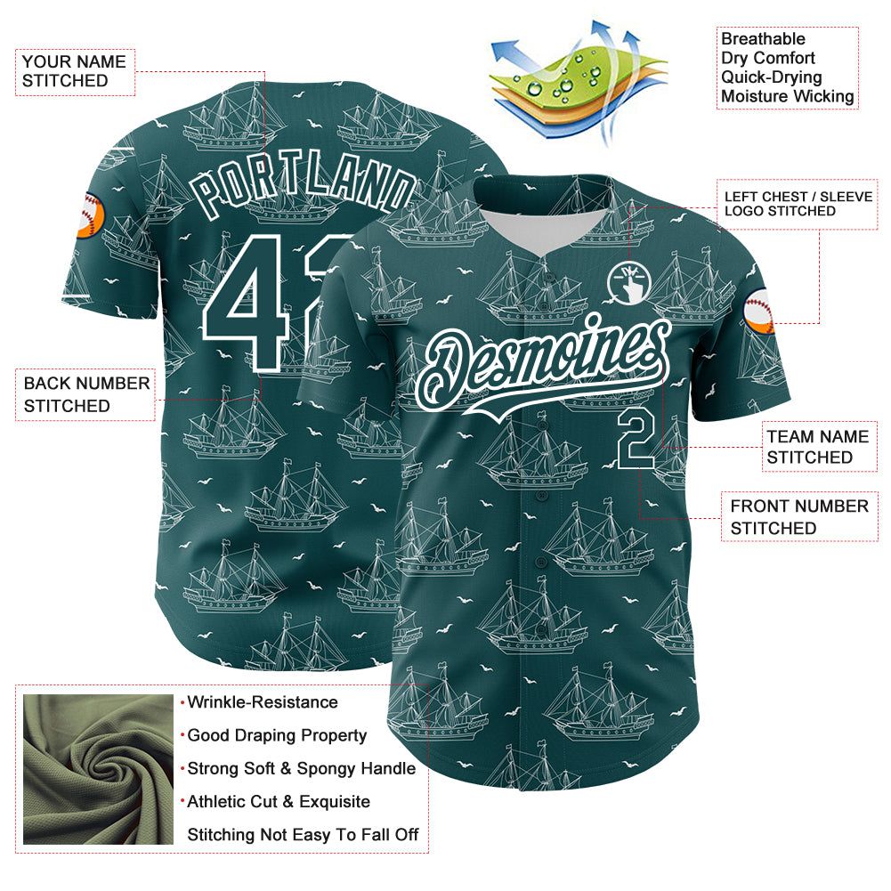 Custom Midnight Green White 3D Pattern Design Ship Frigate With Seagulls Authentic Baseball Jersey