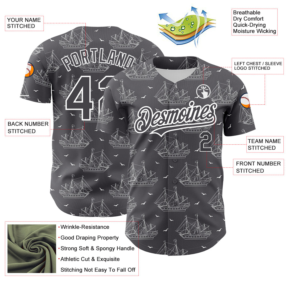 Custom Steel Gray White 3D Pattern Design Ship Frigate With Seagulls Authentic Baseball Jersey