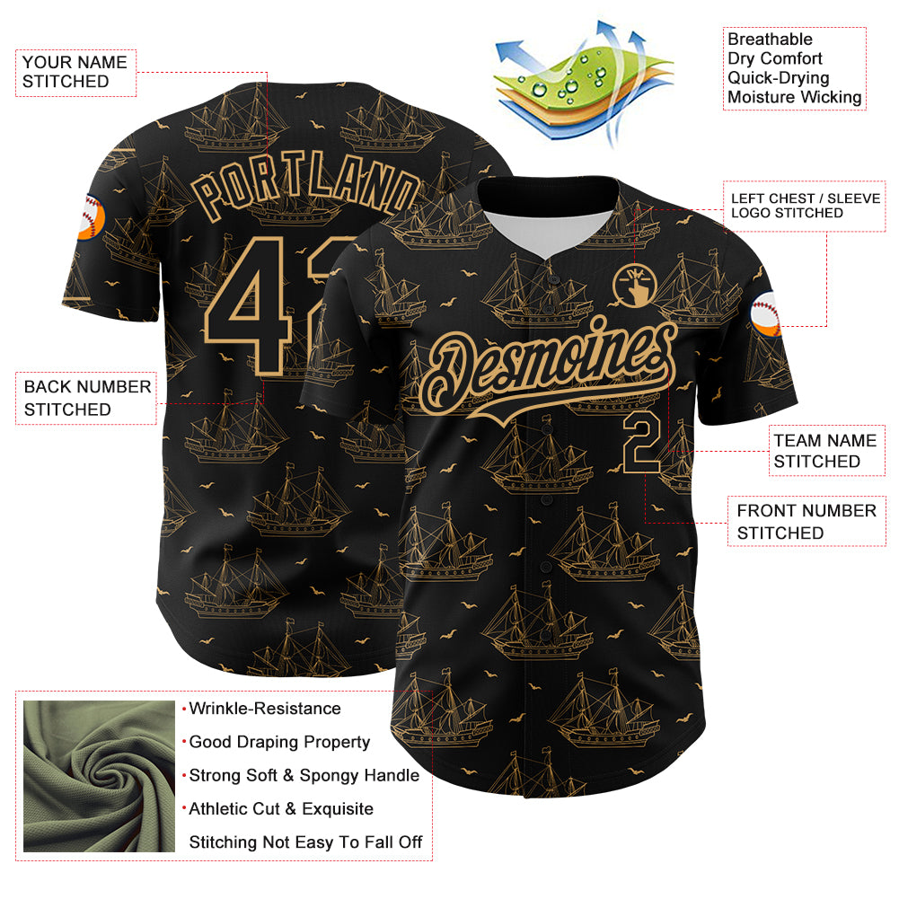 Custom Black Old Gold 3D Pattern Design Ship Frigate With Seagulls Authentic Baseball Jersey