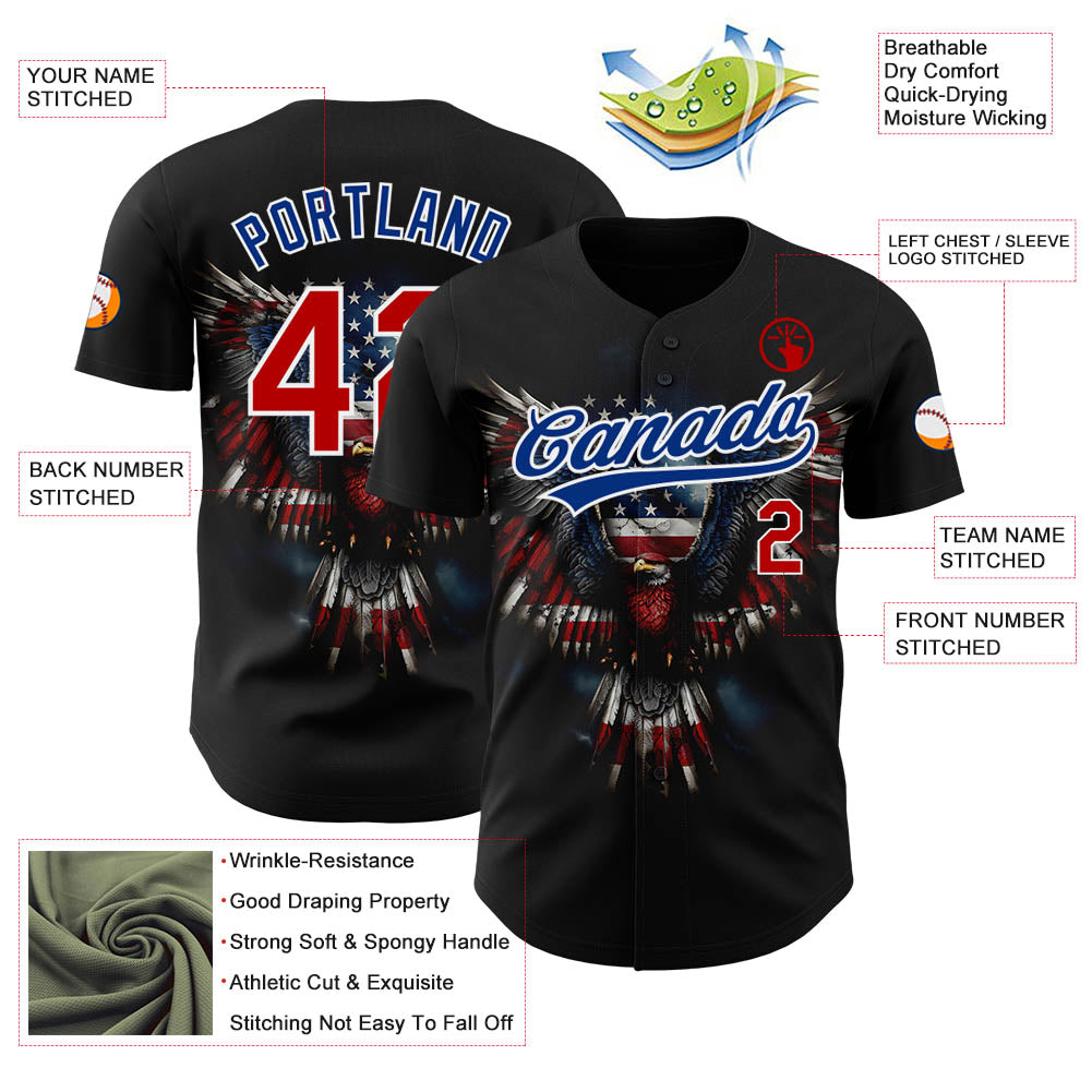 Custom Black Red-Royal 3D American Flag Eagle Patriotic Authentic Baseball Jersey