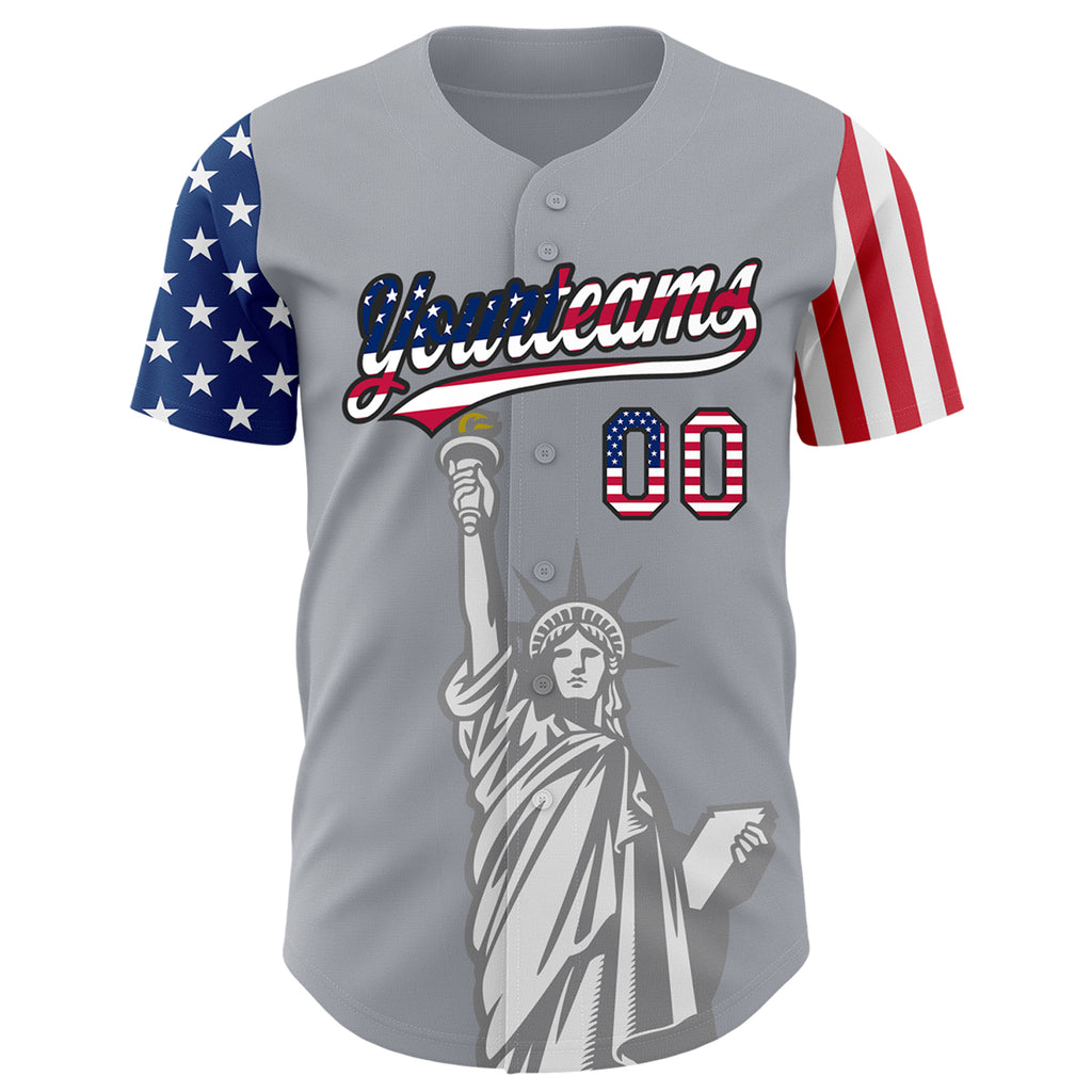 Custom Gray USA Flag-Black 3D American Flag Statue of Liberty Patriotic Authentic Baseball Jersey
