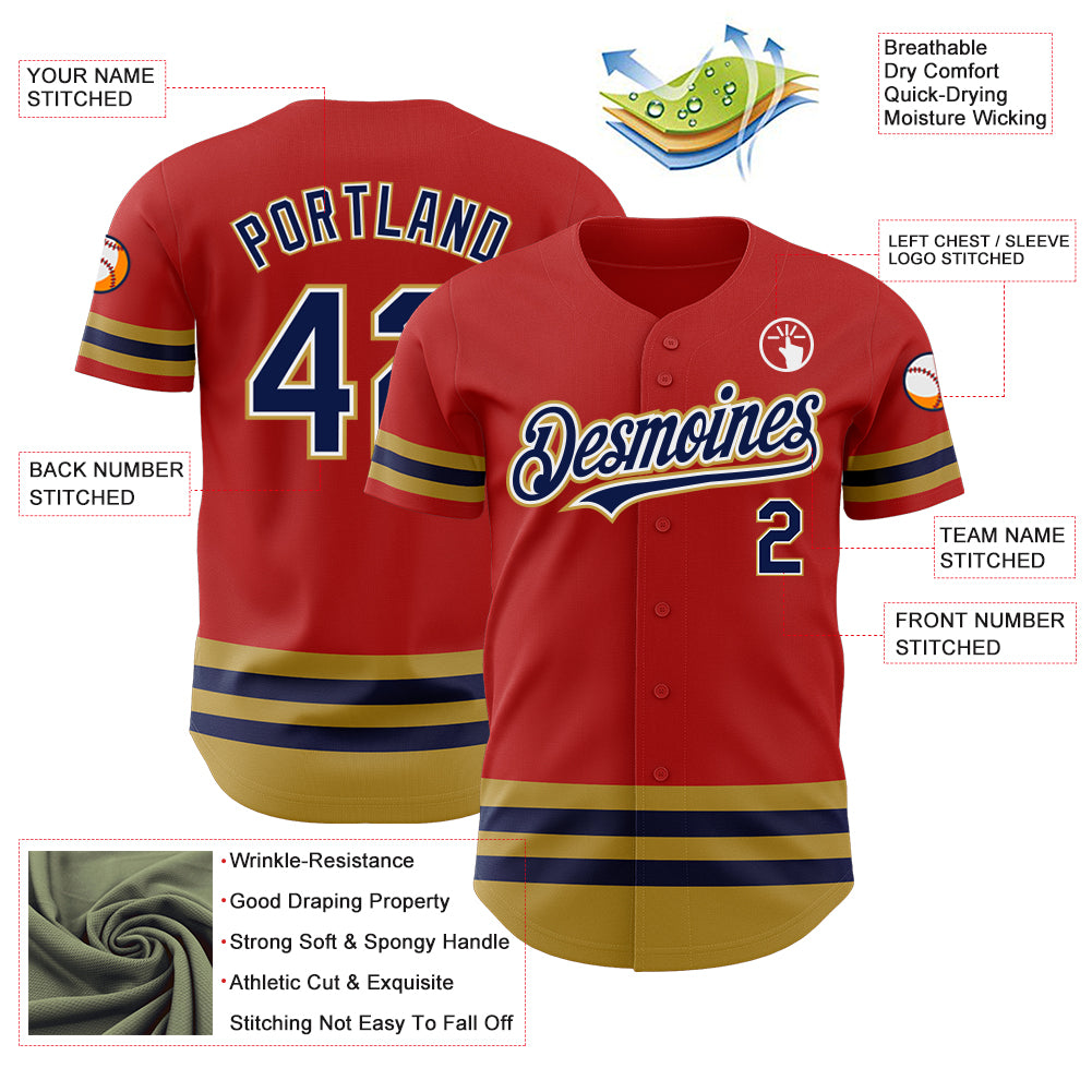 Custom Red Navy-Old Gold Line Authentic Baseball Jersey