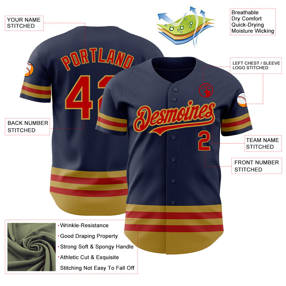 Custom Navy Red-Old Gold Line Authentic Baseball Jersey