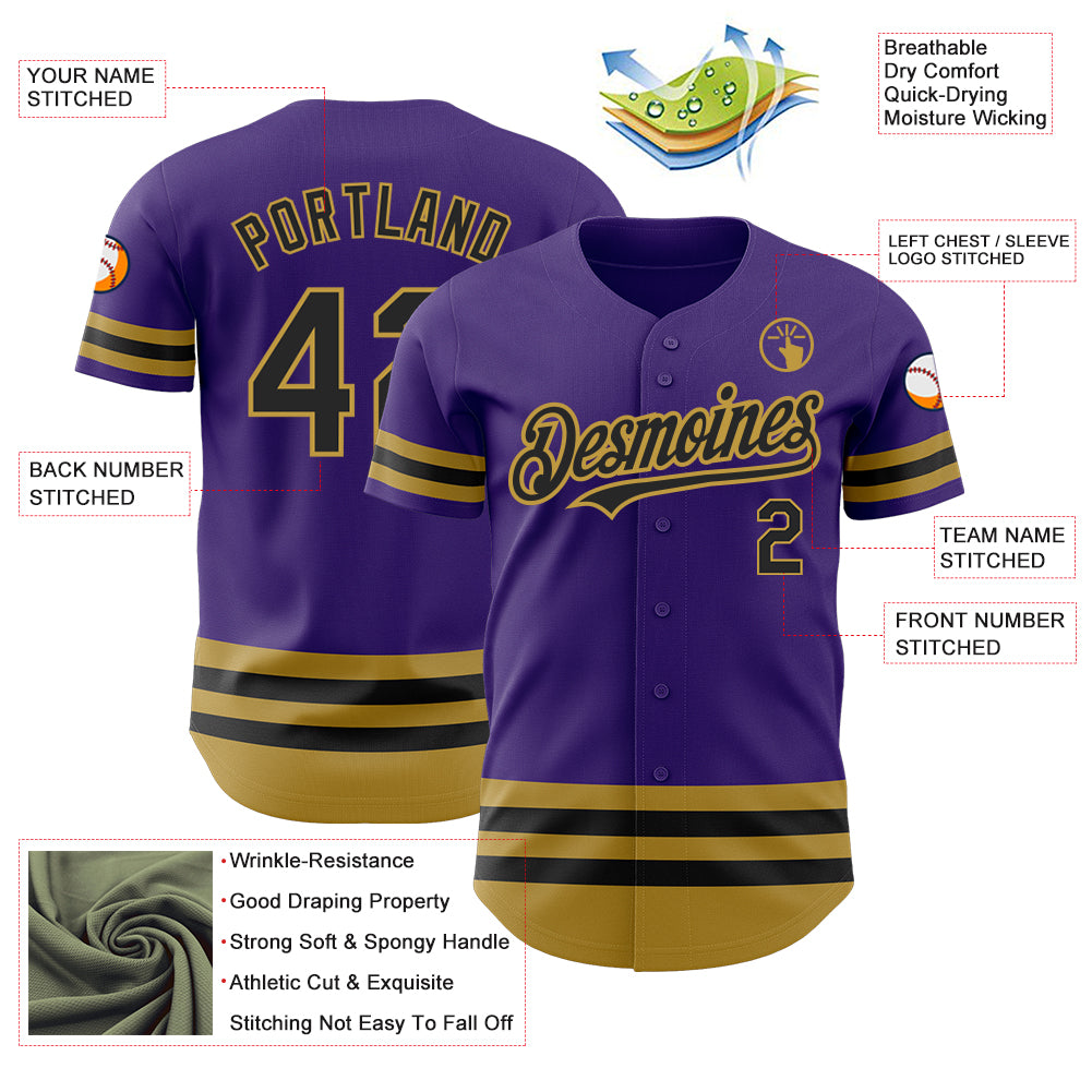 Custom Purple Black-Old Gold Line Authentic Baseball Jersey