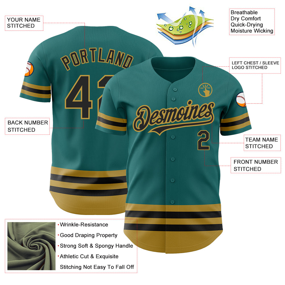 Custom Teal Black-Old Gold Line Authentic Baseball Jersey