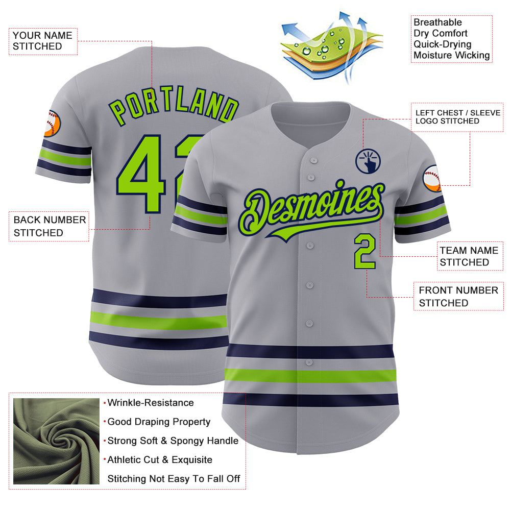 Custom Gray Neon Green-Navy Line Authentic Baseball Jersey