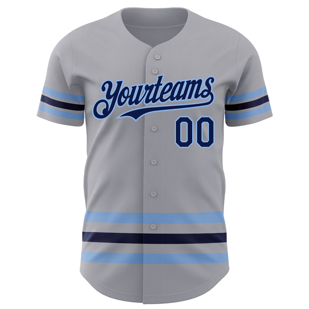 Custom Gray Navy-Light Blue Line Authentic Baseball Jersey