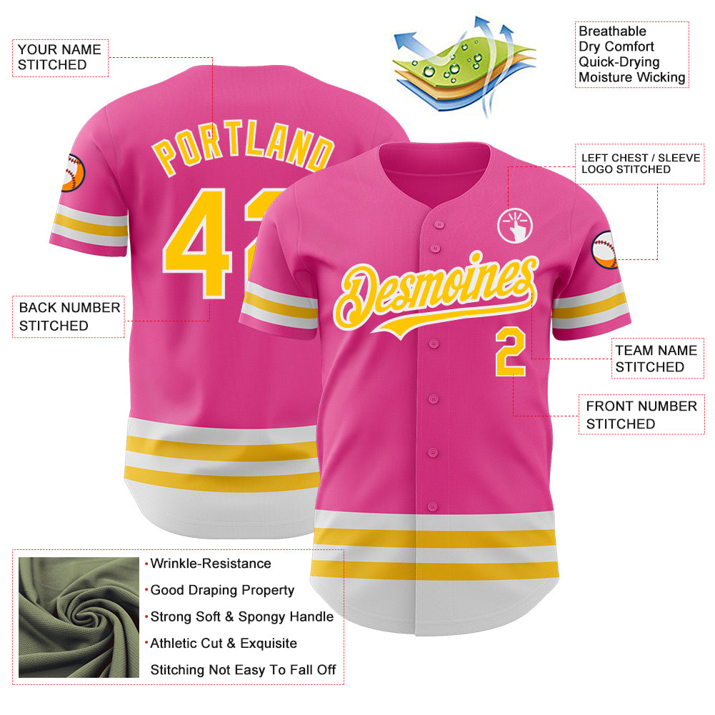 Custom Pink Yellow-White Line Authentic Baseball Jersey