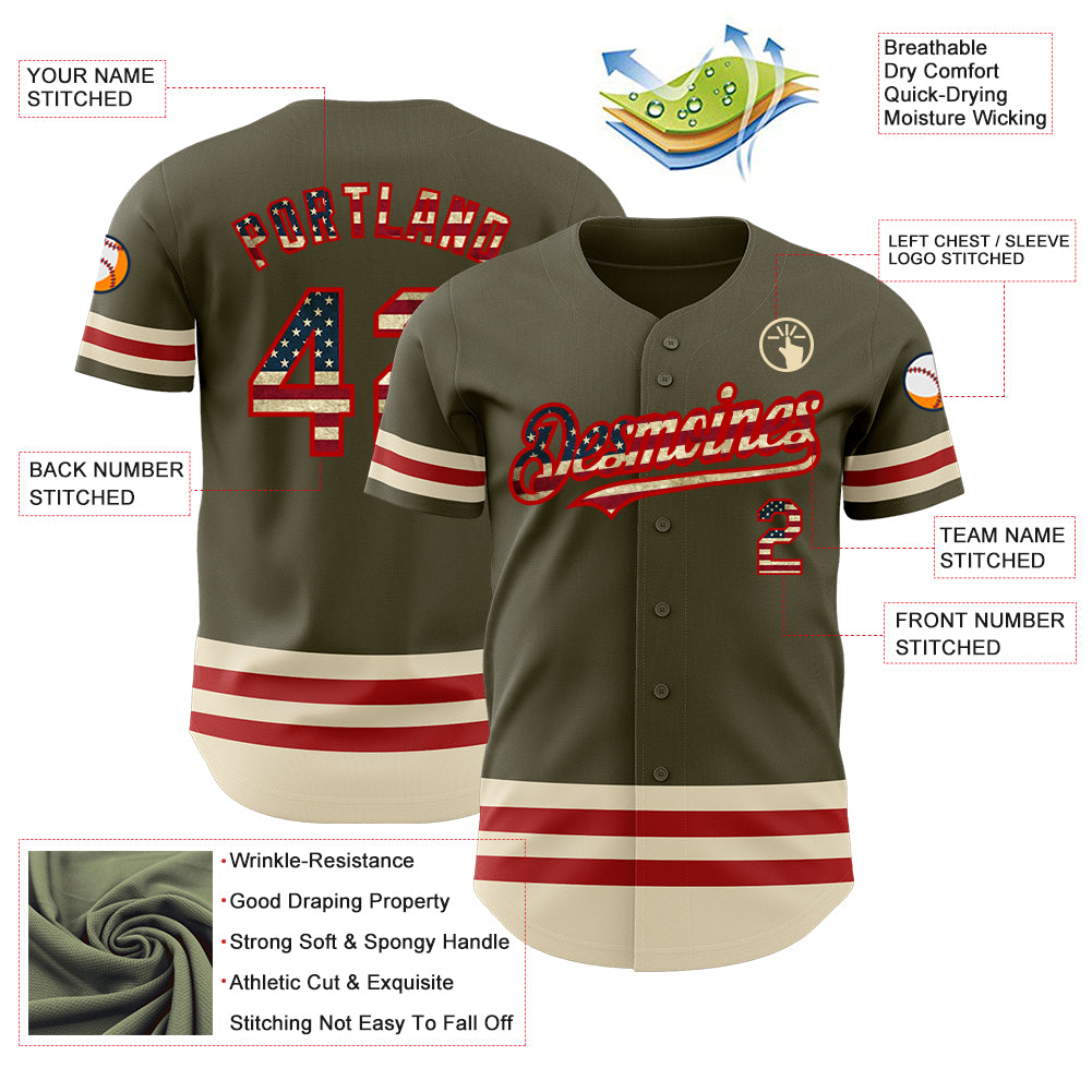 Custom Olive Vintage USA Flag Red-Cream Line Authentic Salute To Service Baseball Jersey