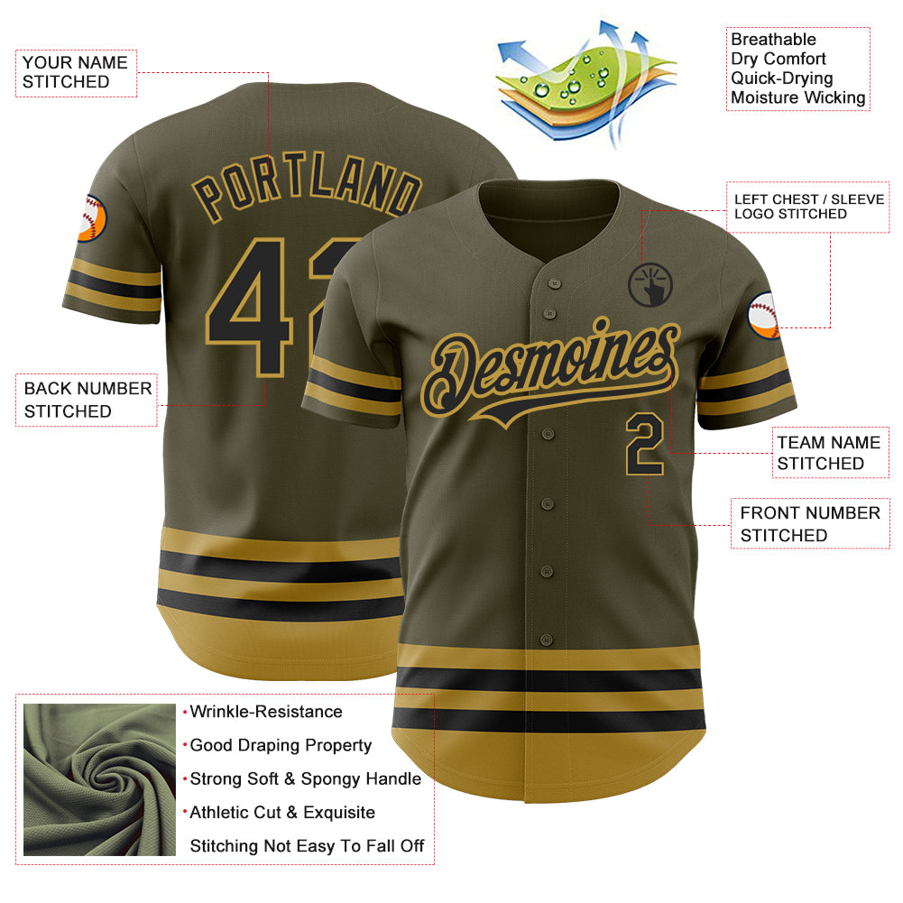 Custom Olive Black-Old Gold Line Authentic Salute To Service Baseball Jersey