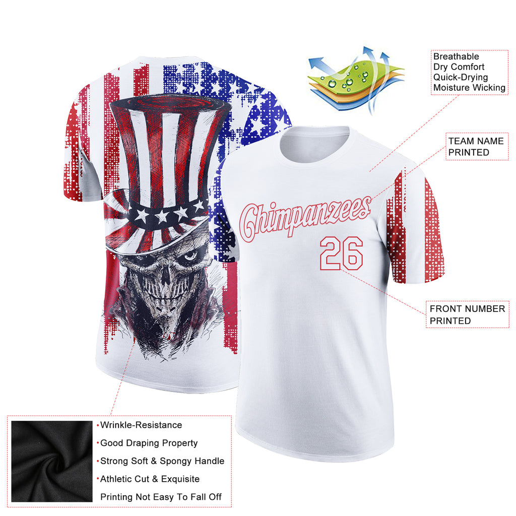 Custom White Red-Royal 3D American Flag Skull Patriotic Performance T-Shirt