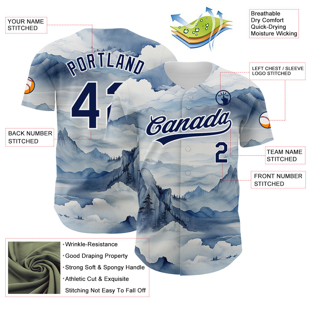 Custom White Navy 3D Pattern Design Mountains Landscape Authentic Baseball Jersey