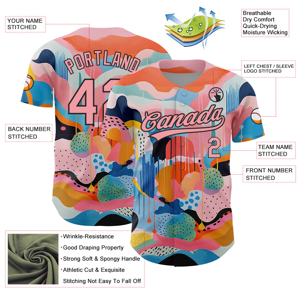 Custom Medium Pink Black 3D Pattern Design Abstract Painting Authentic Baseball Jersey