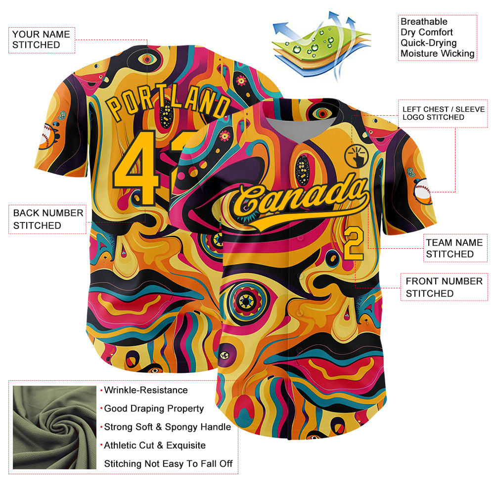 Custom Gold Black 3D Pattern Design Abstract Painting Authentic Baseball Jersey