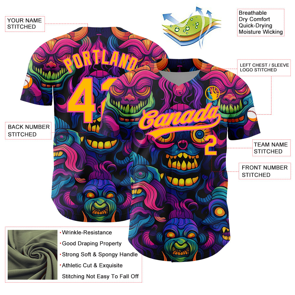 Custom Black Gold-Pink 3D Pattern Design Abstract Monsters Authentic Baseball Jersey