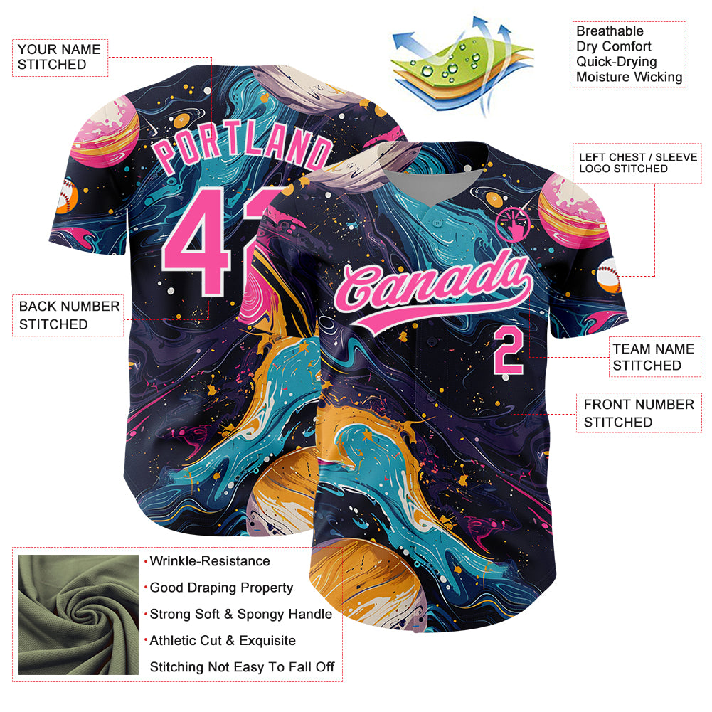 Custom Black Pink-White 3D Pattern Design Abstract Liquid Painting Authentic Baseball Jersey