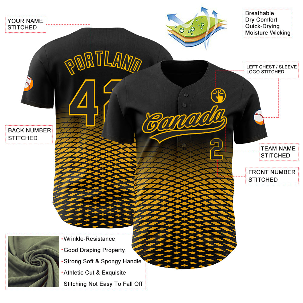Custom Black Gold 3D Pattern Design Gradient Lines Authentic Baseball Jersey