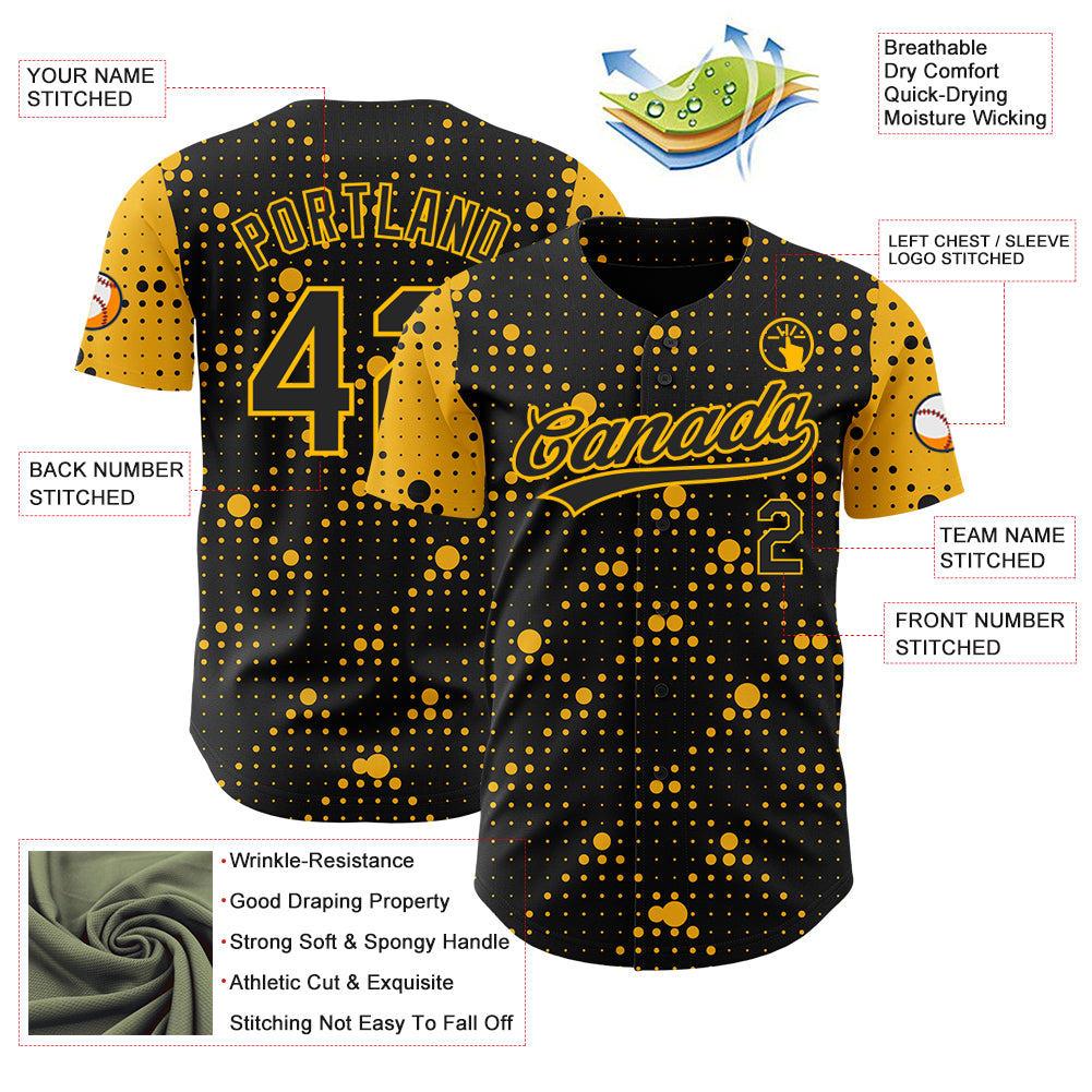 Custom Black Gold 3D Pattern Design Geometric Halftone Dots Authentic Baseball Jersey