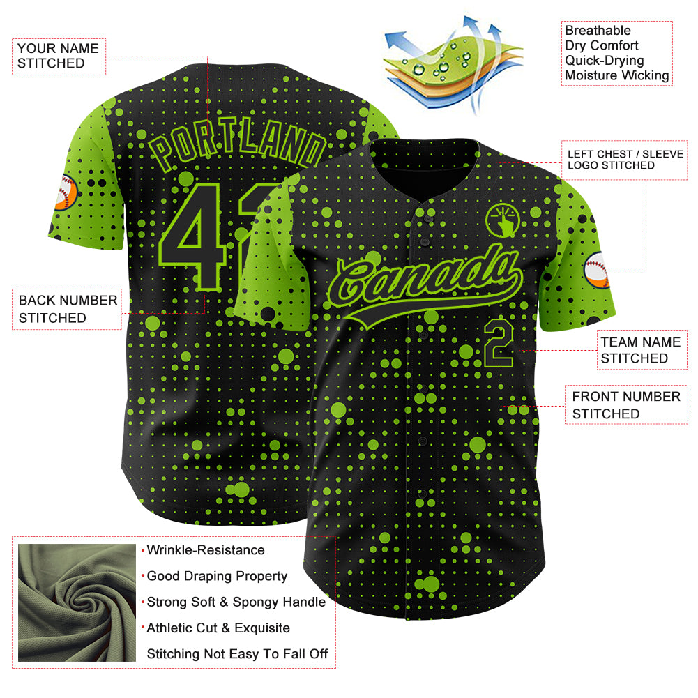 Custom Black Neon Green 3D Pattern Design Geometric Halftone Dots Authentic Baseball Jersey