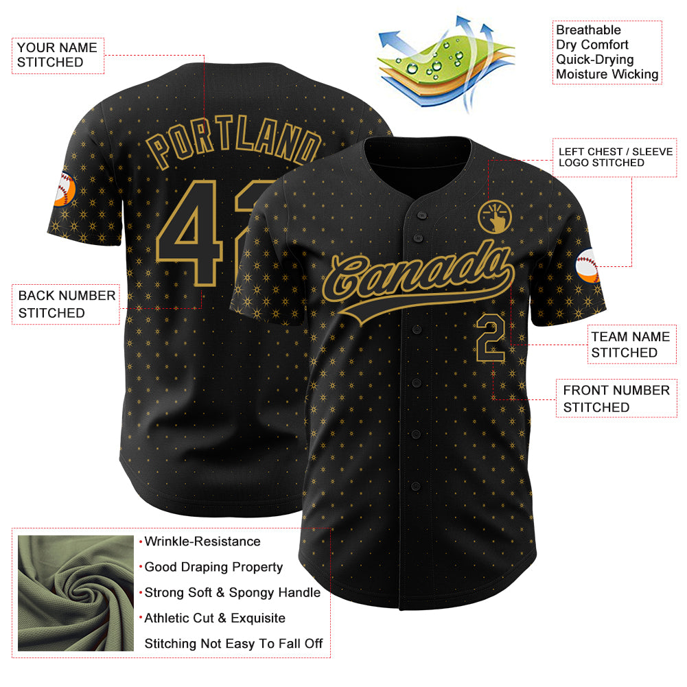 Custom Black Old Gold 3D Pattern Design Geometric Stars Authentic Baseball Jersey