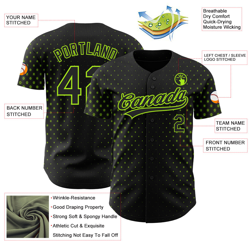 Custom Black Neon Green 3D Pattern Design Geometric Stars Authentic Baseball Jersey