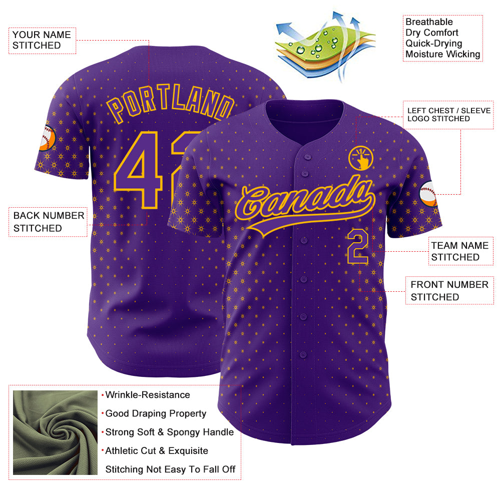 Custom Purple Gold 3D Pattern Design Geometric Stars Authentic Baseball Jersey
