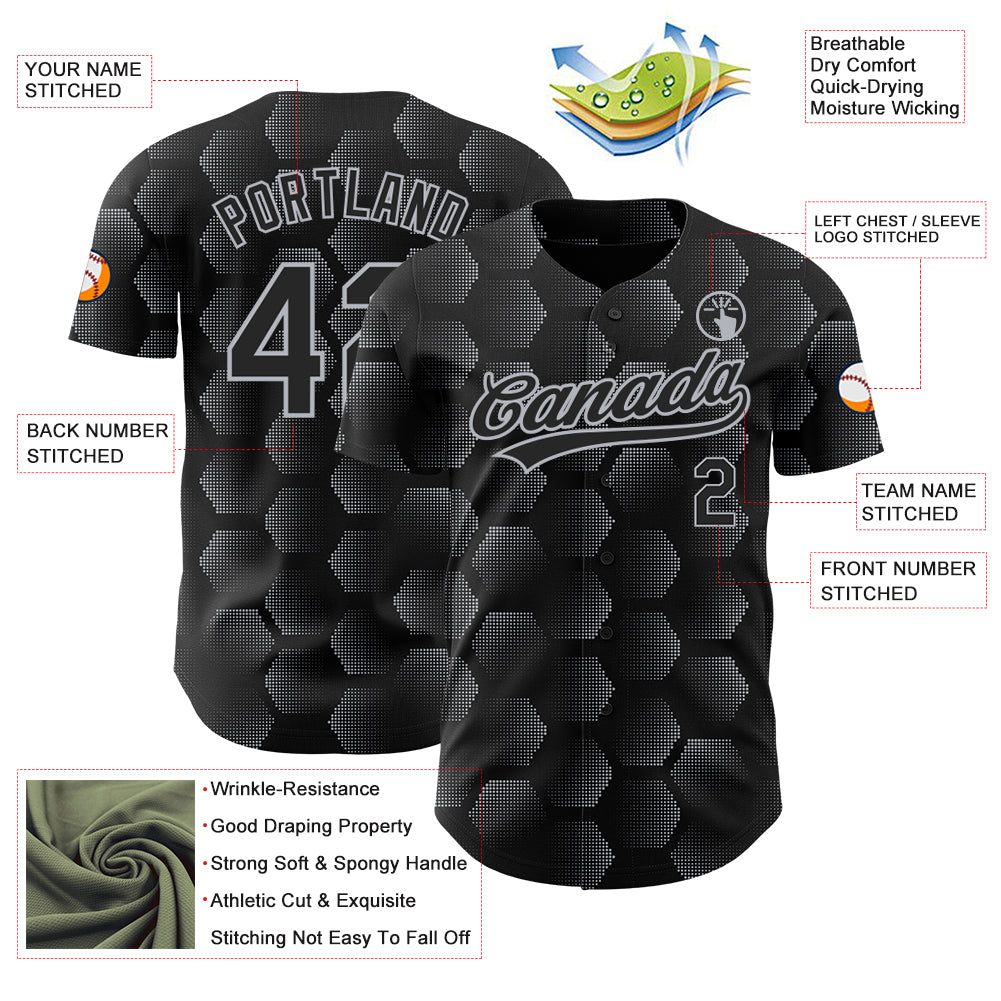 Custom Black Gray 3D Pattern Design Halftone Geometric Shapes Authentic Baseball Jersey