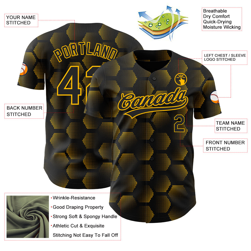 Custom Black Gold 3D Pattern Design Halftone Geometric Shapes Authentic Baseball Jersey