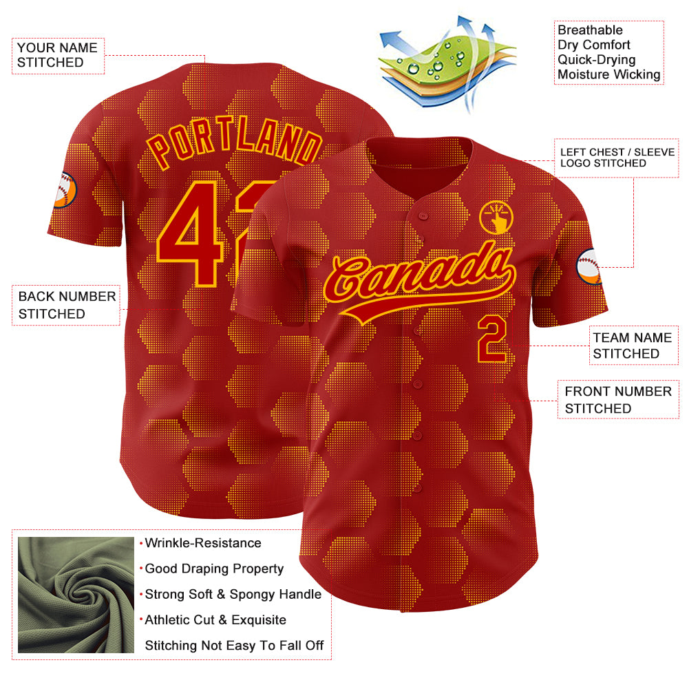 Custom Red Gold 3D Pattern Design Halftone Geometric Shapes Authentic Baseball Jersey