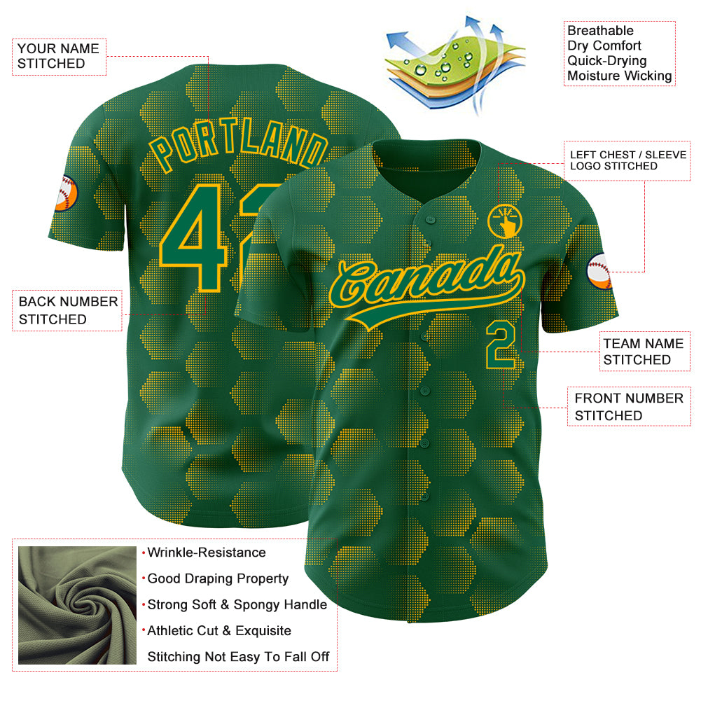 Custom Kelly Green Gold 3D Pattern Design Halftone Geometric Shapes Authentic Baseball Jersey