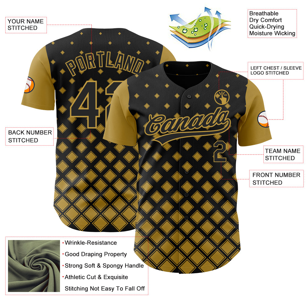 Custom Black Old Gold 3D Pattern Design Geometric Shapes Authentic Baseball Jersey