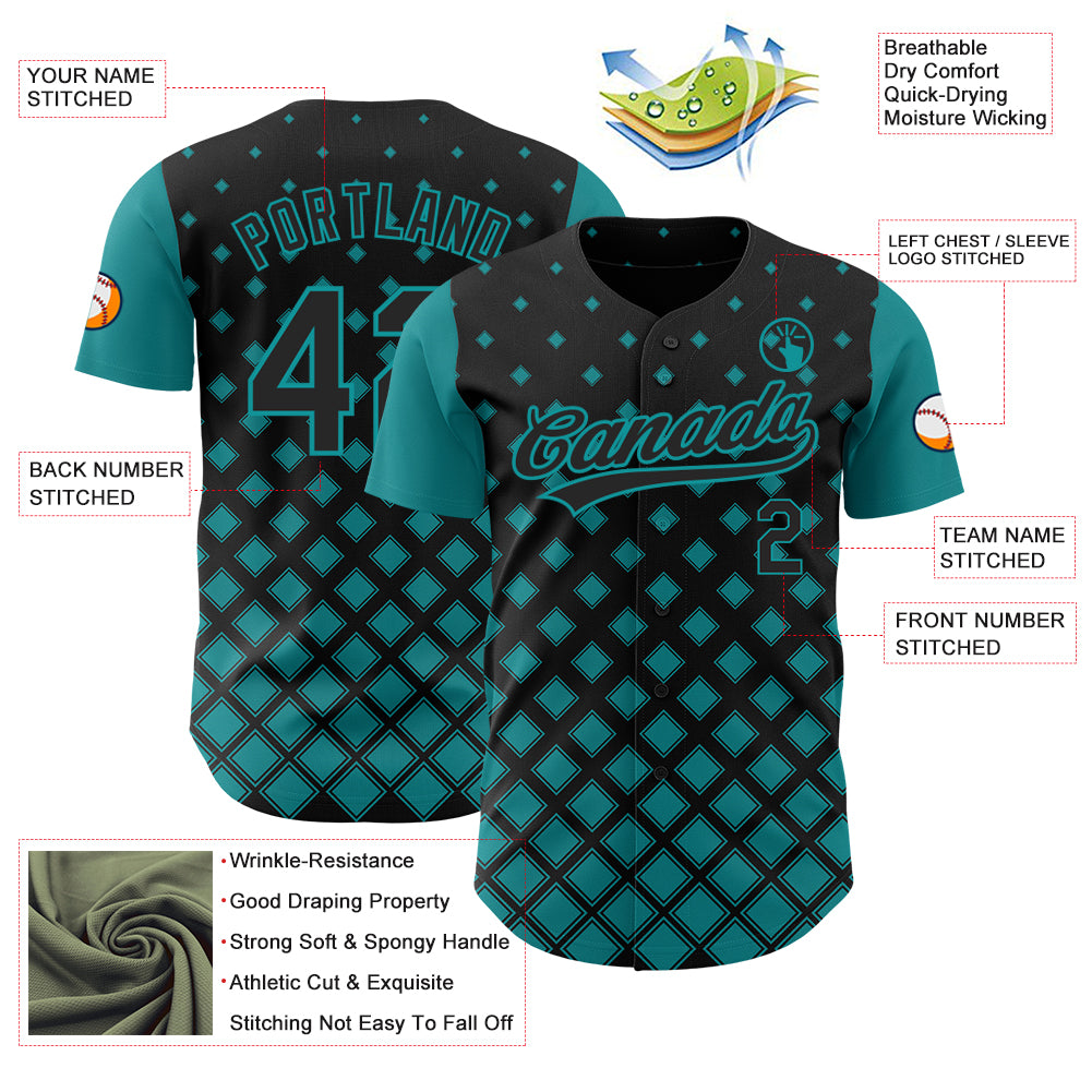 Custom Black Teal 3D Pattern Design Geometric Shapes Authentic Baseball Jersey