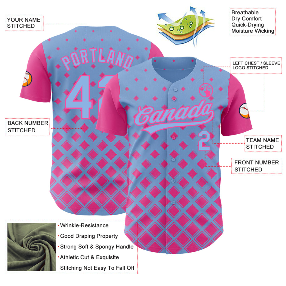 Custom Light Blue Pink 3D Pattern Design Geometric Shapes Authentic Baseball Jersey