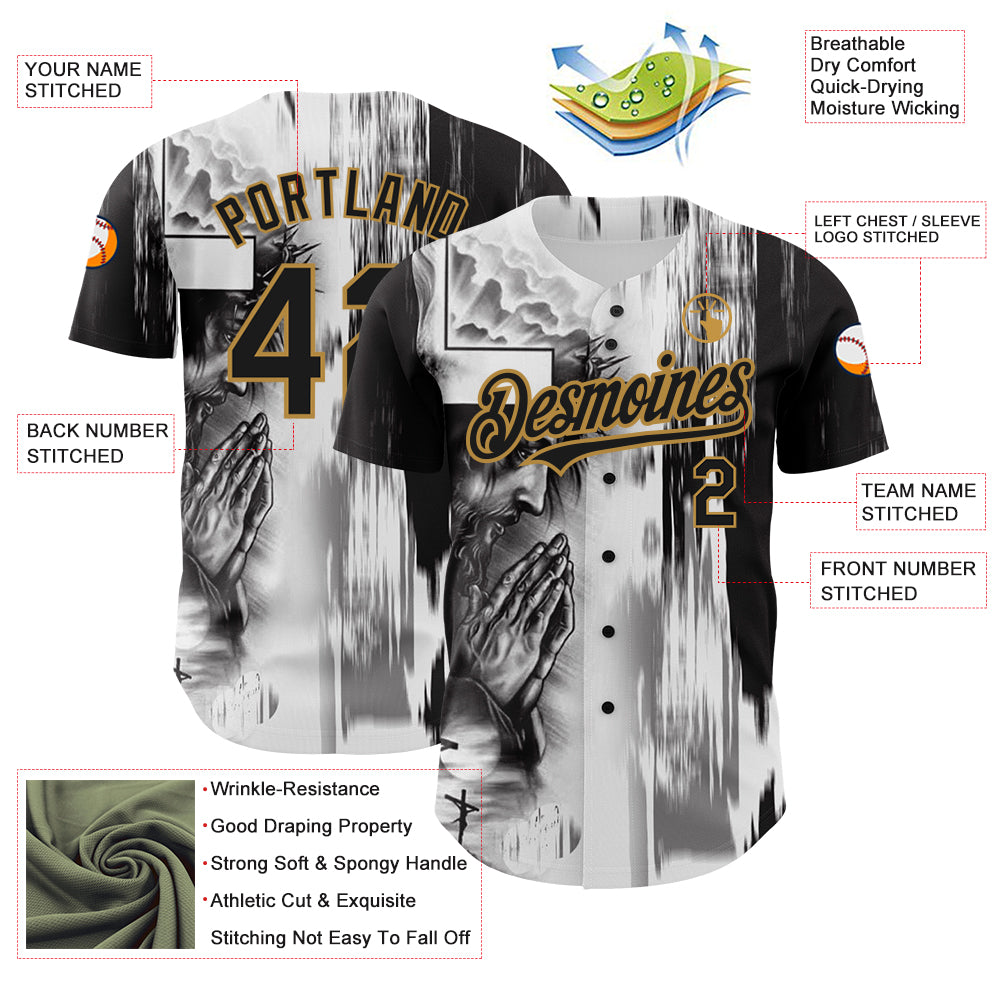Custom White Black-Old Gold 3D Pattern Design Religion Jesus Christ Authentic Baseball Jersey