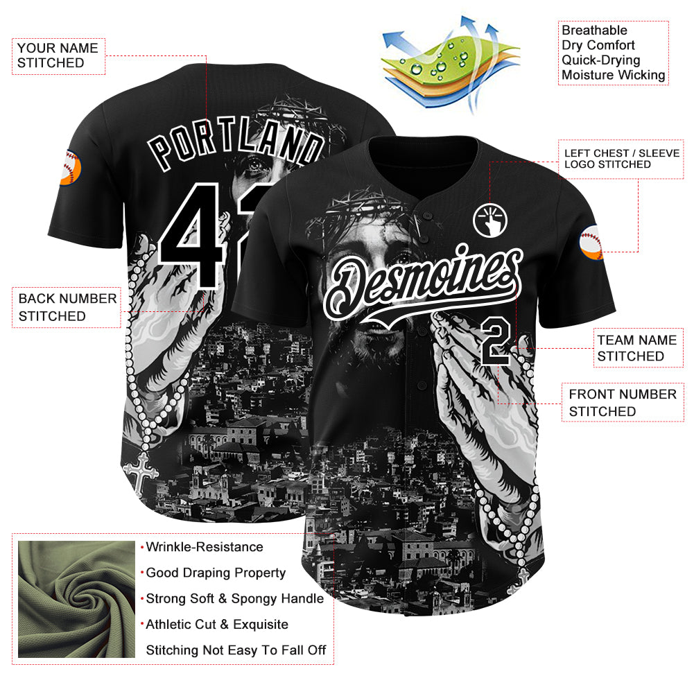 Custom Black White 3D Pattern Design Religion Jesus Christ Authentic Baseball Jersey