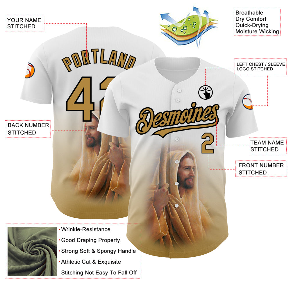 Custom White Old Gold-Black 3D Pattern Design Religion Jesus Christ Authentic Baseball Jersey