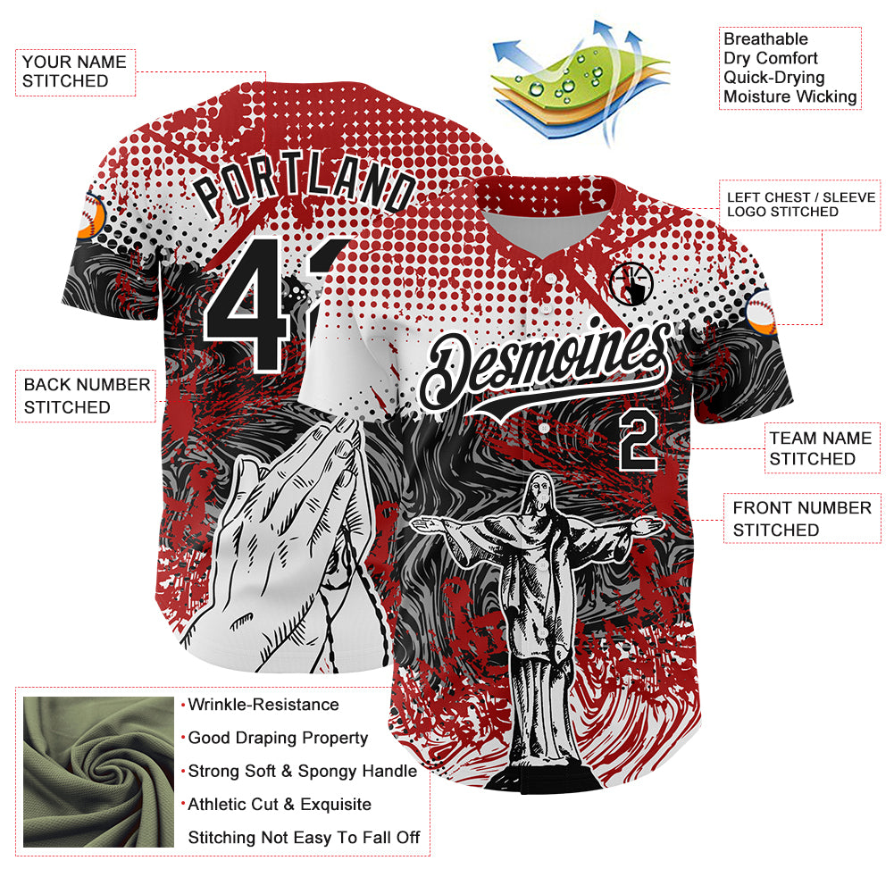 Custom Red Black-White 3D Pattern Design Religion Jesus Christ Authentic Baseball Jersey