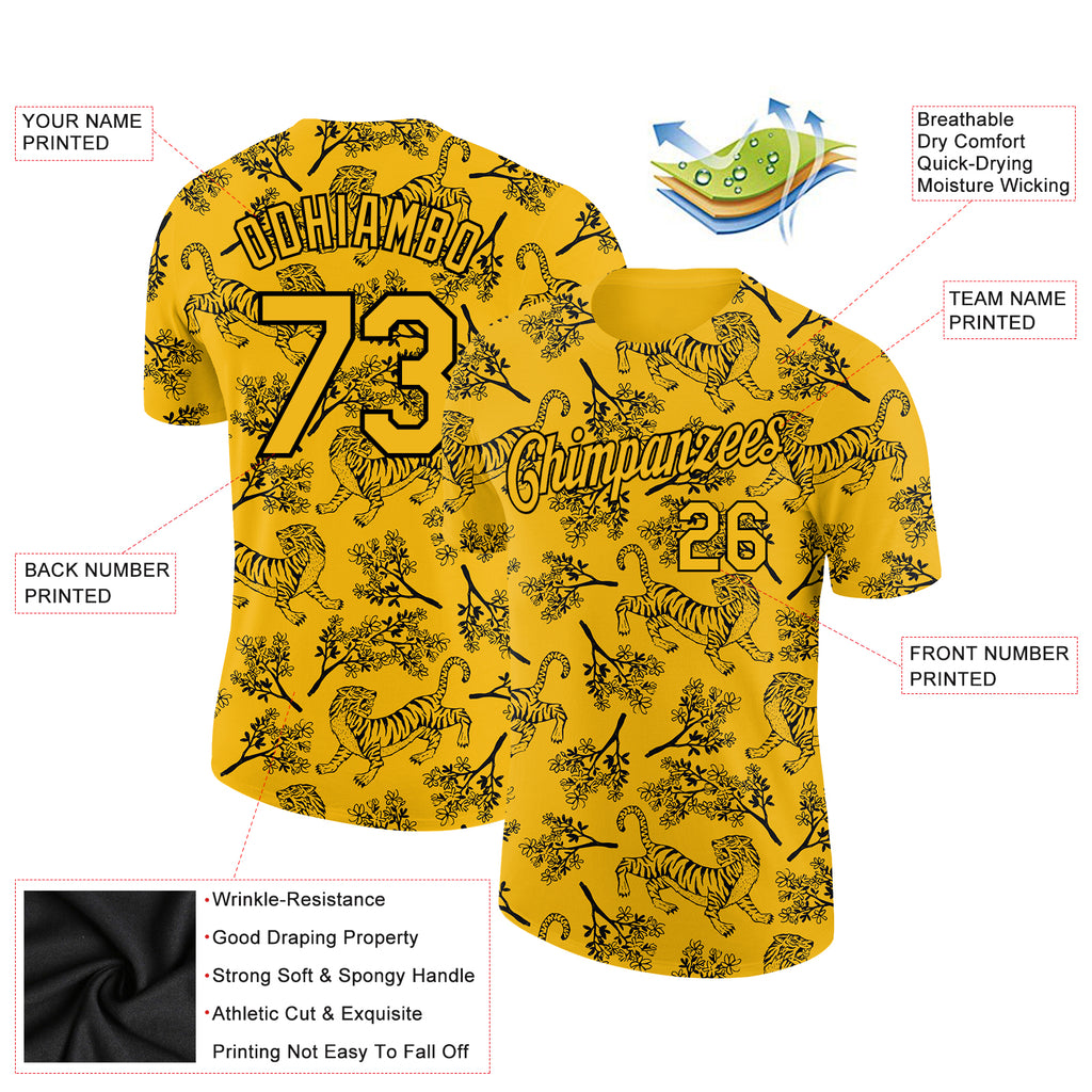 Custom Gold Black 3D Pattern Design Tiger Performance T-Shirt