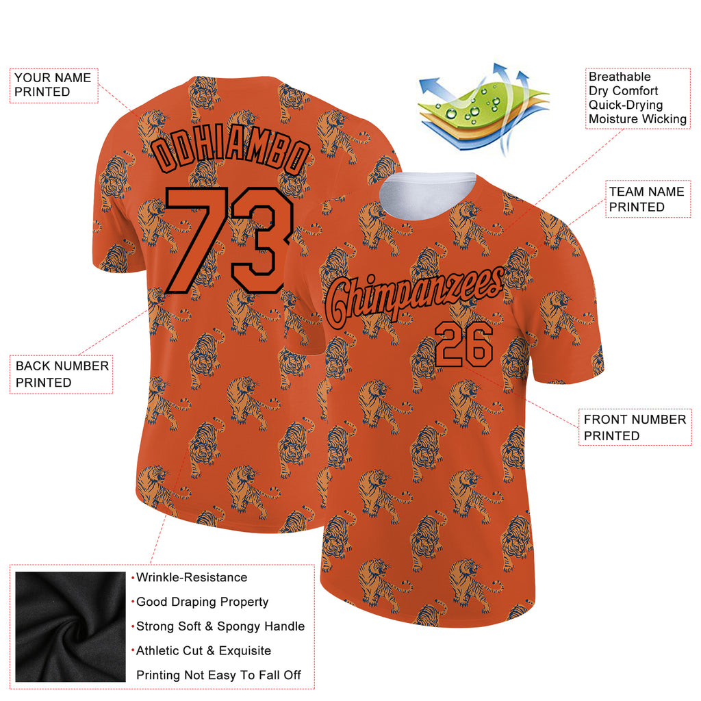 Custom Texas Orange Black 3D Pattern Design Tiger Performance T-Shirt