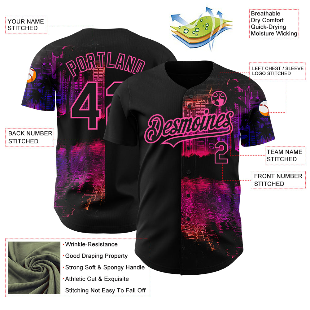 Custom Black Pink 3D Pattern Design Hawaii Palm Trees Authentic Baseball Jersey