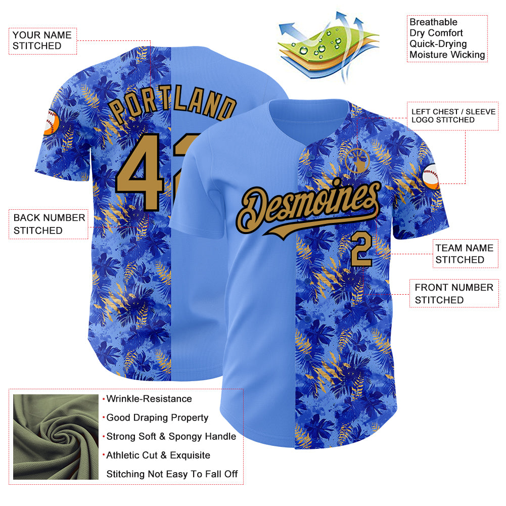 Custom Light Blue Old Gold-Black 3D Pattern Design Tropical Hawaii Palm Leaves Authentic Baseball Jersey