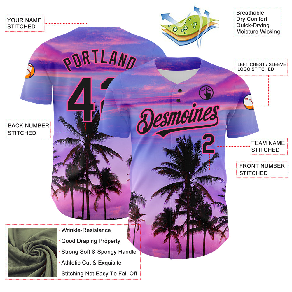 Custom Purple Black-Pink 3D Pattern Design Hawaii Palm Trees Authentic Baseball Jersey