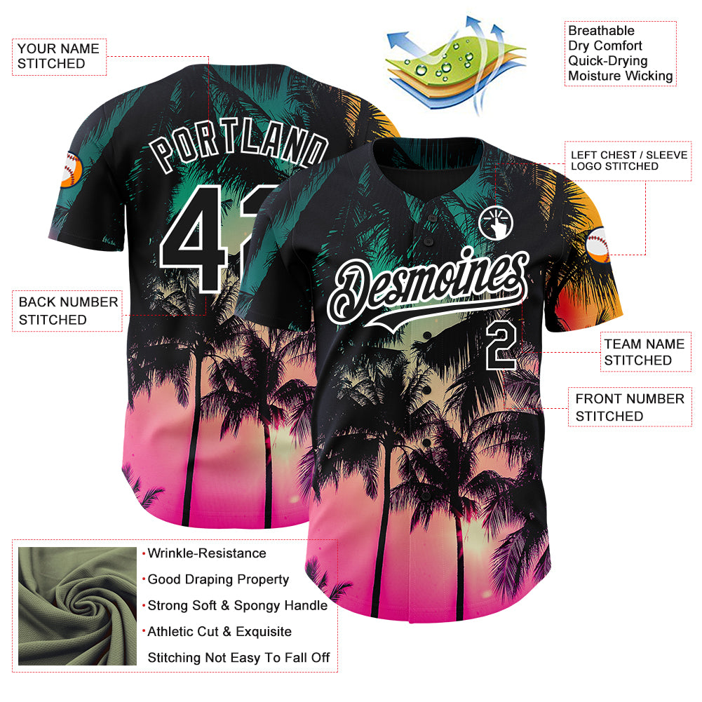Custom Pink Black-White 3D Pattern Design Hawaii Palm Trees Authentic Baseball Jersey