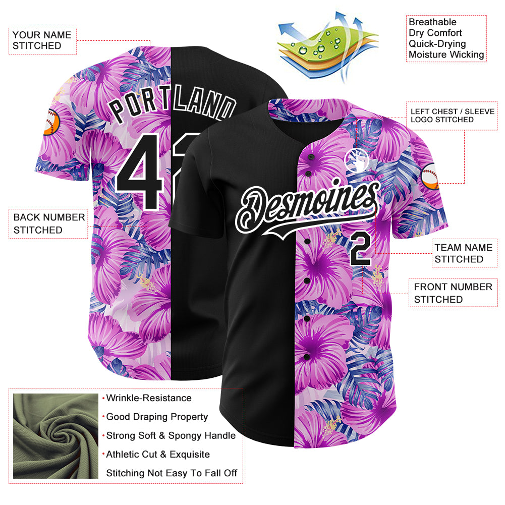 Custom Pink Black-White 3D Pattern Design Tropical Flower And Hawaii Palm Leaves Authentic Baseball Jersey