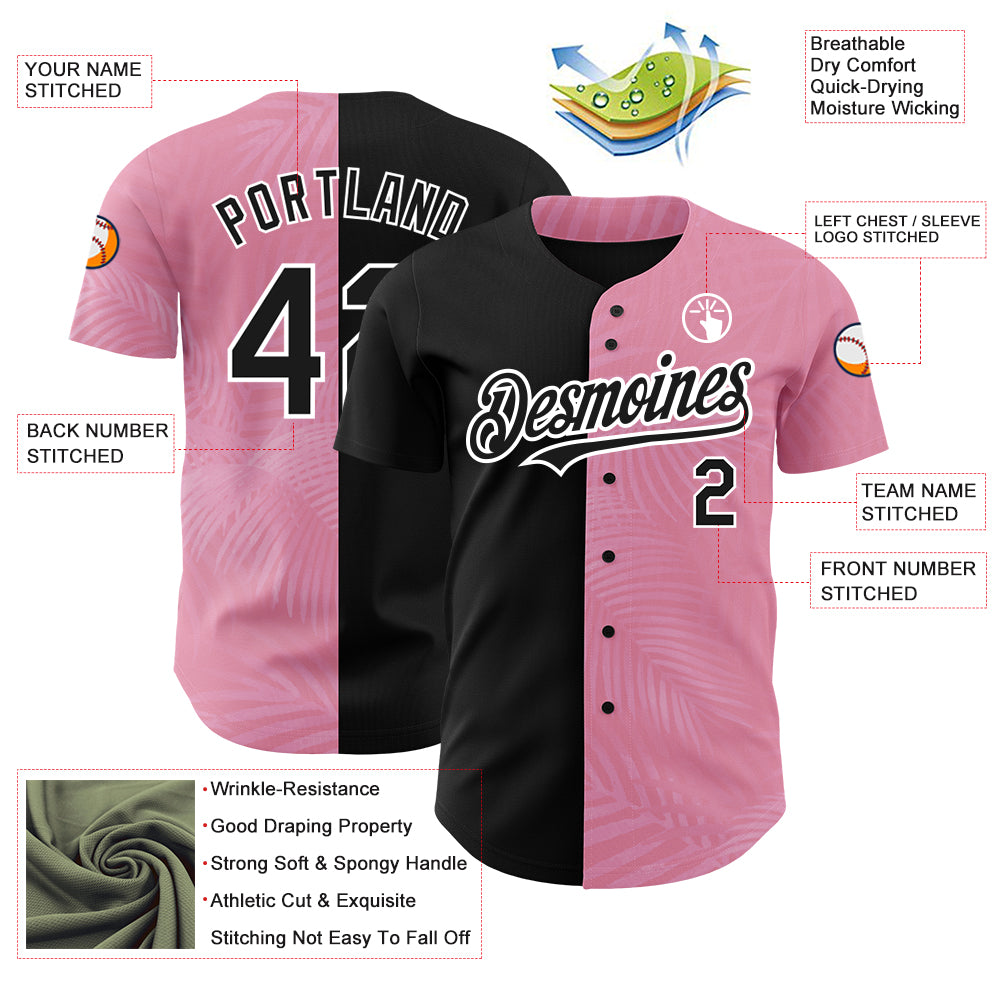 Custom Medium Pink Black-White 3D Pattern Design Tropical Hawaii Palm Leaves Authentic Baseball Jersey