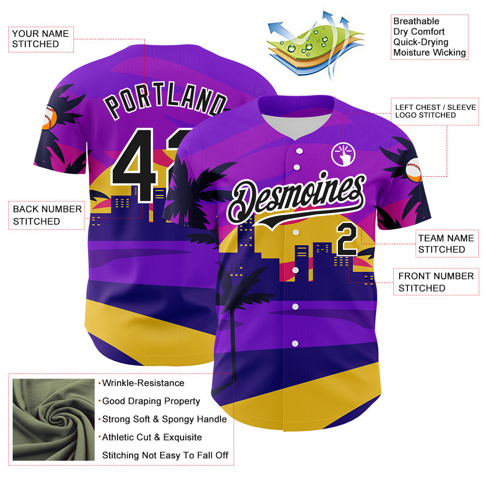 Custom Purple Black-White 3D Pattern Design Hawaii Palm Trees Authentic Baseball Jersey
