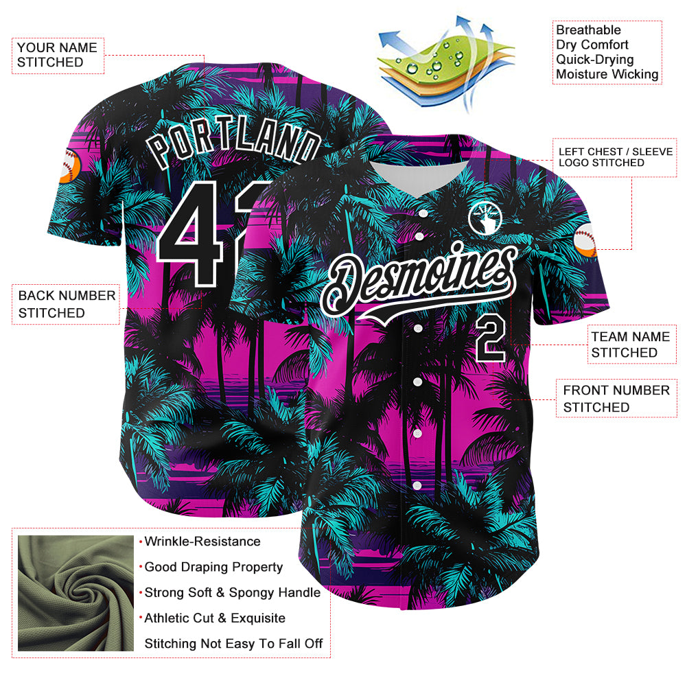 Custom Pink Black-White 3D Pattern Design Beach Hawaii Palm Trees Authentic Baseball Jersey