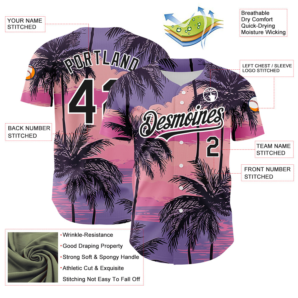 Custom Purple Black-White 3D Pattern Design Beach Hawaii Palm Trees Authentic Baseball Jersey