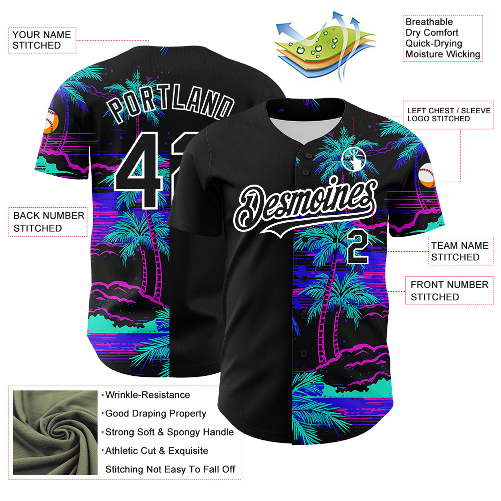Custom Black White 3D Pattern Design Beach Hawaii Palm Trees Authentic Baseball Jersey