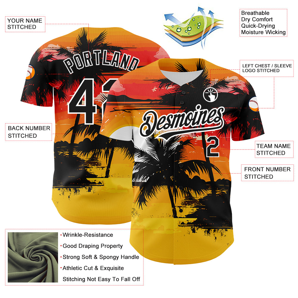 Custom Yellow Black White 3D Pattern Design Beach Hawaii Palm Trees Authentic Baseball Jersey